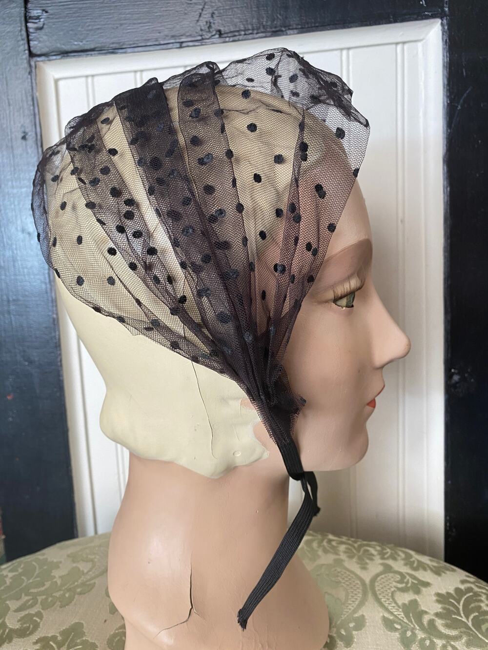 vintage 1960s black net hair cover, flocked velvet polka dot, 60s coiffure cap